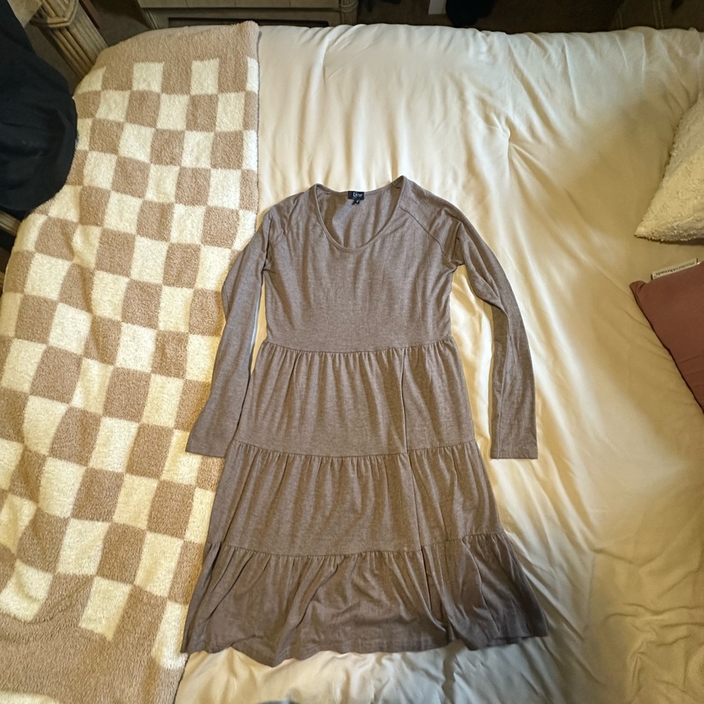 Brown/Tan Long Sleeve Tiered Ruffle Dress